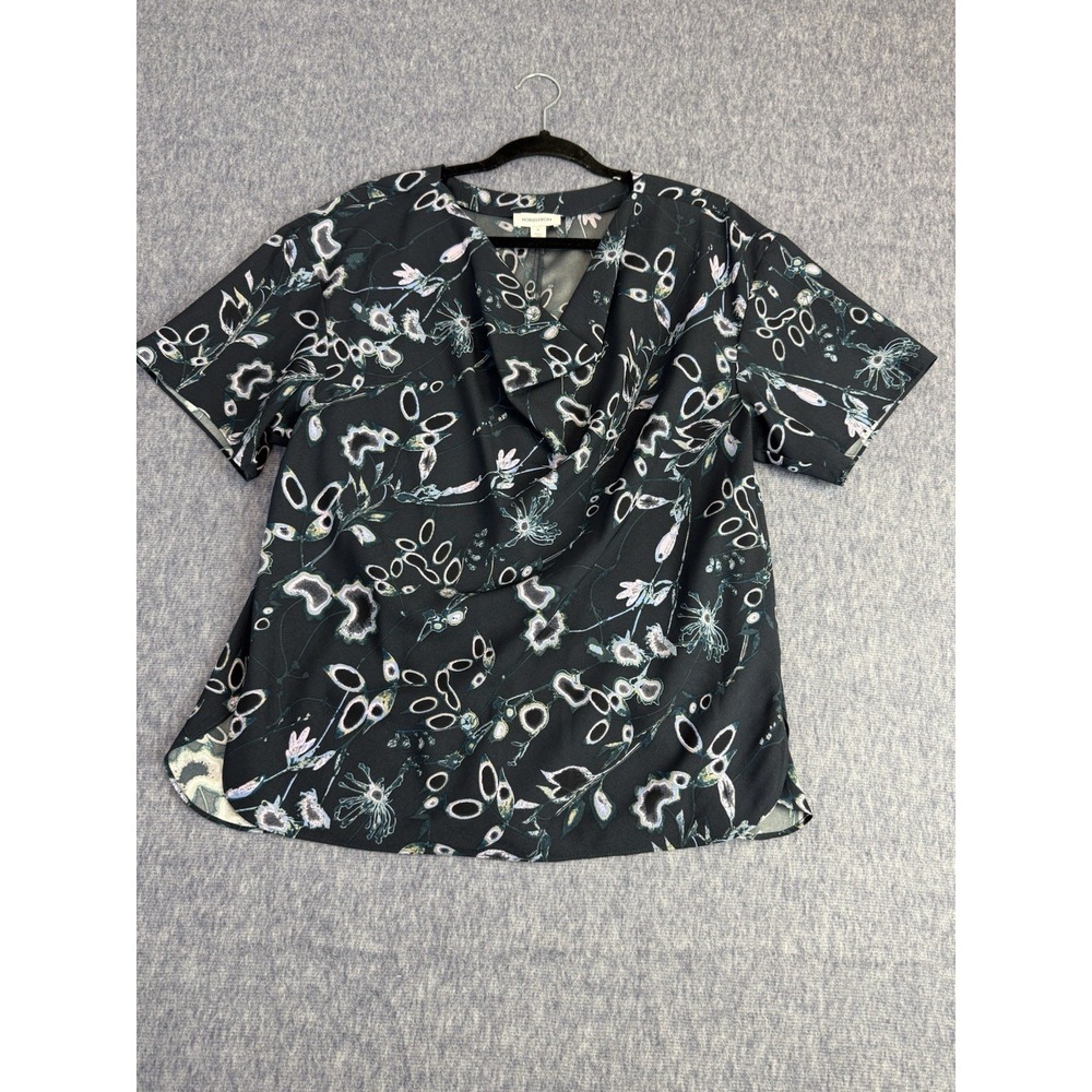 Nordstrom Women's Abstract Floral Print Cowl Neck Blouse Size Medium Navy & Whit